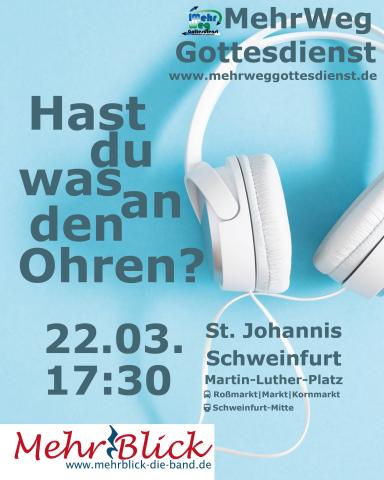 ein weißer Kopfhörer auf hellblauem Hintergrund. Text: Hast du was an den Ohren?