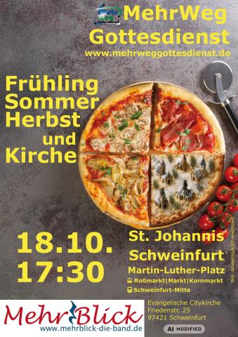 Eine Pizza vier Jahreszeiten. Auf dem "Winter"-Viertel sind kleine Kirchen zu sehen.