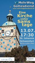 Der Turm der St. Johanniskirche hat ein lächendes Gesicht, die Kirchturmuhr ist die Nase. Text: MehrWegGottesdienst - eine Kirche voller Samstage, 13.7. 17:30 St. Johannis Schweinfurt, Martin-Luther-Platz. Bus Markt, Kornmarkt, Roßmarkt. Zug: Schweinfurt-Mitte. Veranstalter: Ev. Citykirche Schweinfurt. Logo der Band Spiritu.