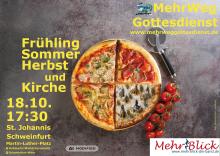 Eine Pizza vier Jahreszeiten. Auf dem "Winter"-Viertel sind kleine Kirchen zu sehen.