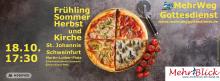 Eine Pizza vier Jahreszeiten. Auf dem "Winter"-Viertel sind kleine Kirchen zu sehen.